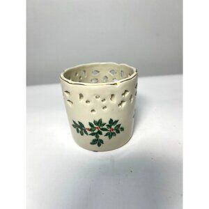 Vintage Christmas Holly Ceramic Votive Candle Holder Pierced Design 4" Height